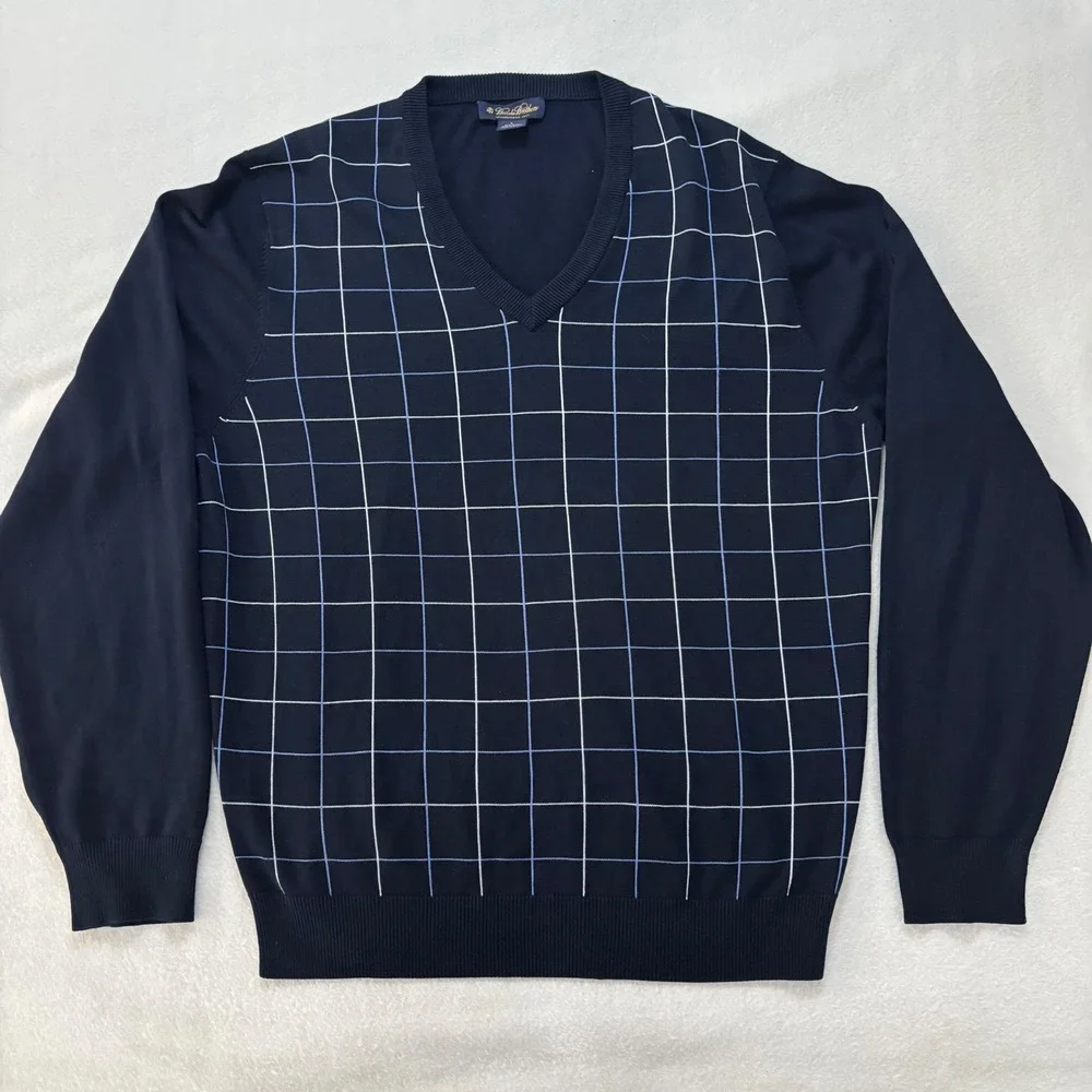 Brooks Brothers Mens Silk Cotton V-Neck Sweater Navy Windowpane Grid Large
